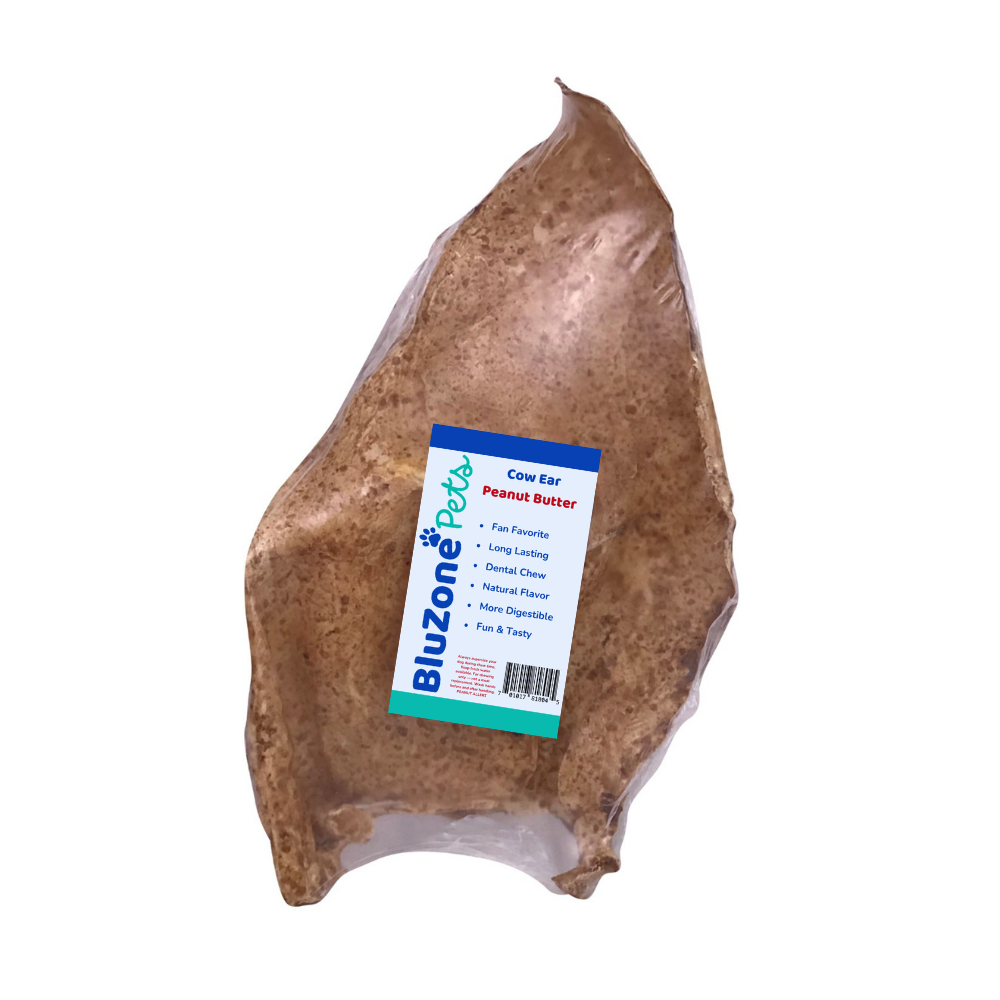 BluZone Pets Peanut Butter Cow Ears for dogs wholesale case 35 units — extra thick uncut grass-fed beef ears with peanut butter coating, natural rawhide alternative for medium large and XL dogs