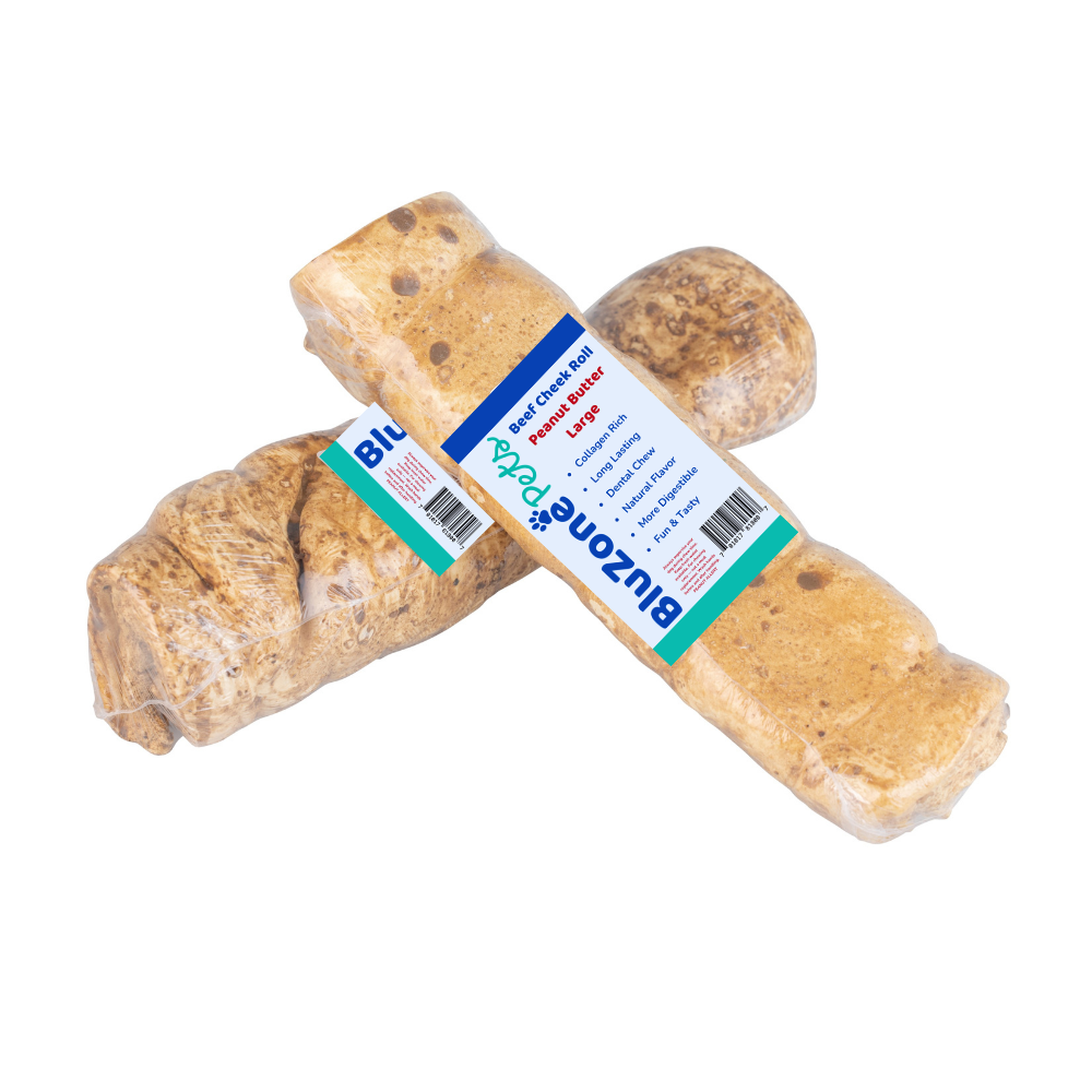 BluZone Pets Peanut Butter Beef Cheek Rolls large 5 pack — grass-fed collagen-rich slow-baked beef cheek power chews with peanut butter coating for large and XL dogs